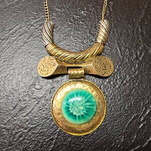 Vintage 1980s Brass Resin Statement Necklace Boho Tribal Maximalist